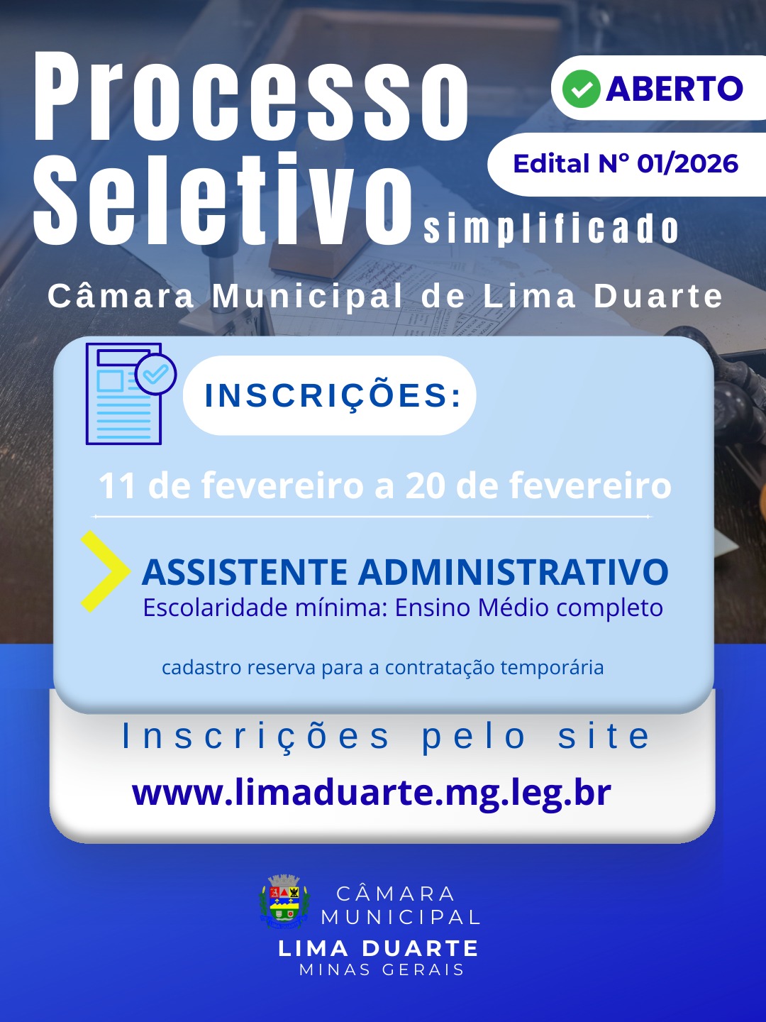 Câmara Municipal de Lima Duarte publica Edital do Processo Seletivo Simplificado nº 01/2026