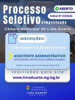 Câmara Municipal de Lima Duarte publica Edital do Processo Seletivo Simplificado nº 01/2026