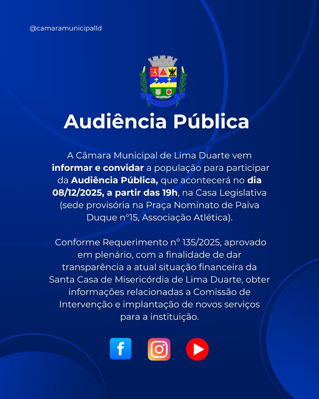 Câmara Municipal realiza Audiência Pública sobre a situação da Santa Casa de Lima Duarte